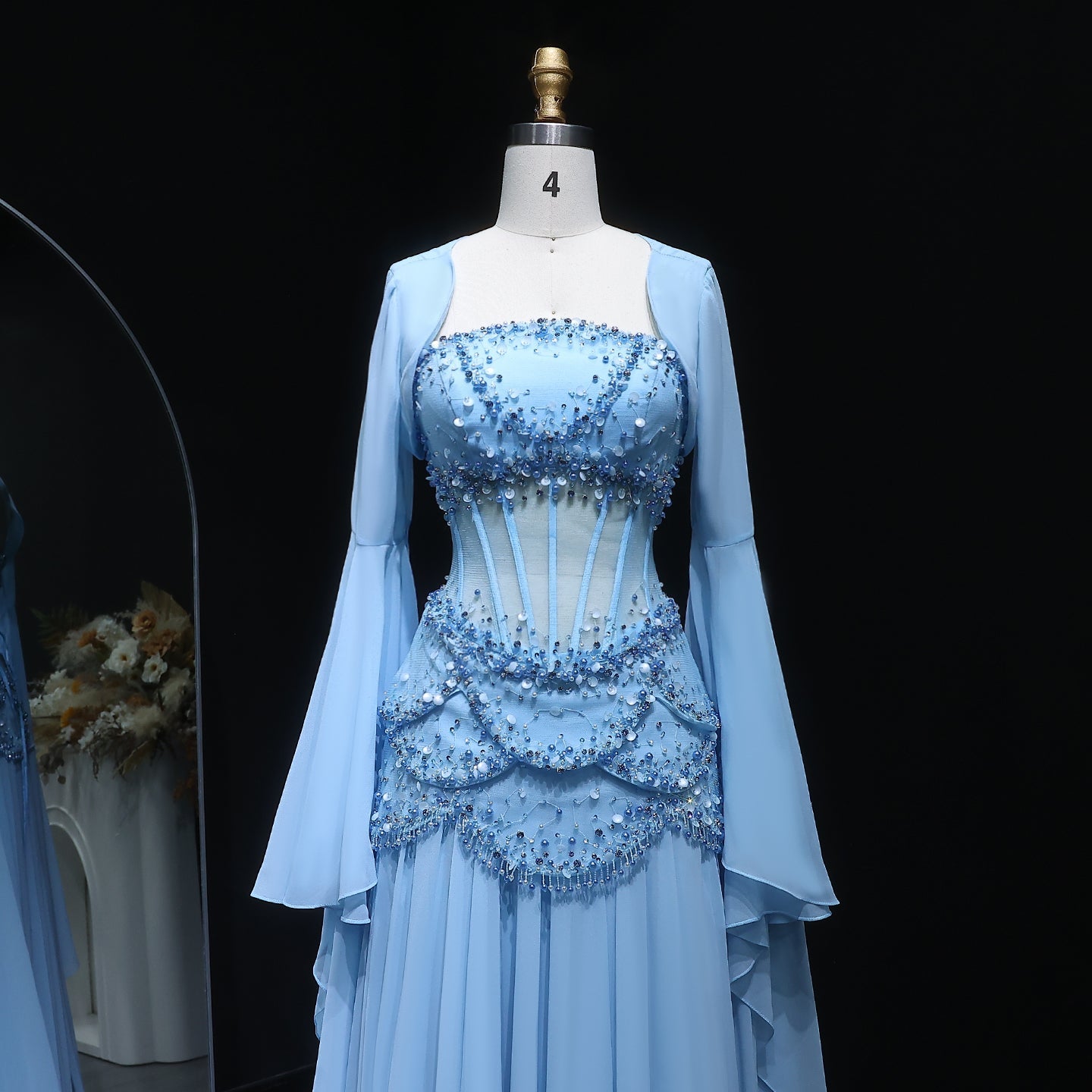 Luxury Pearls Tassel Blue and Yellow Evening Dress with Flowing coat SS286