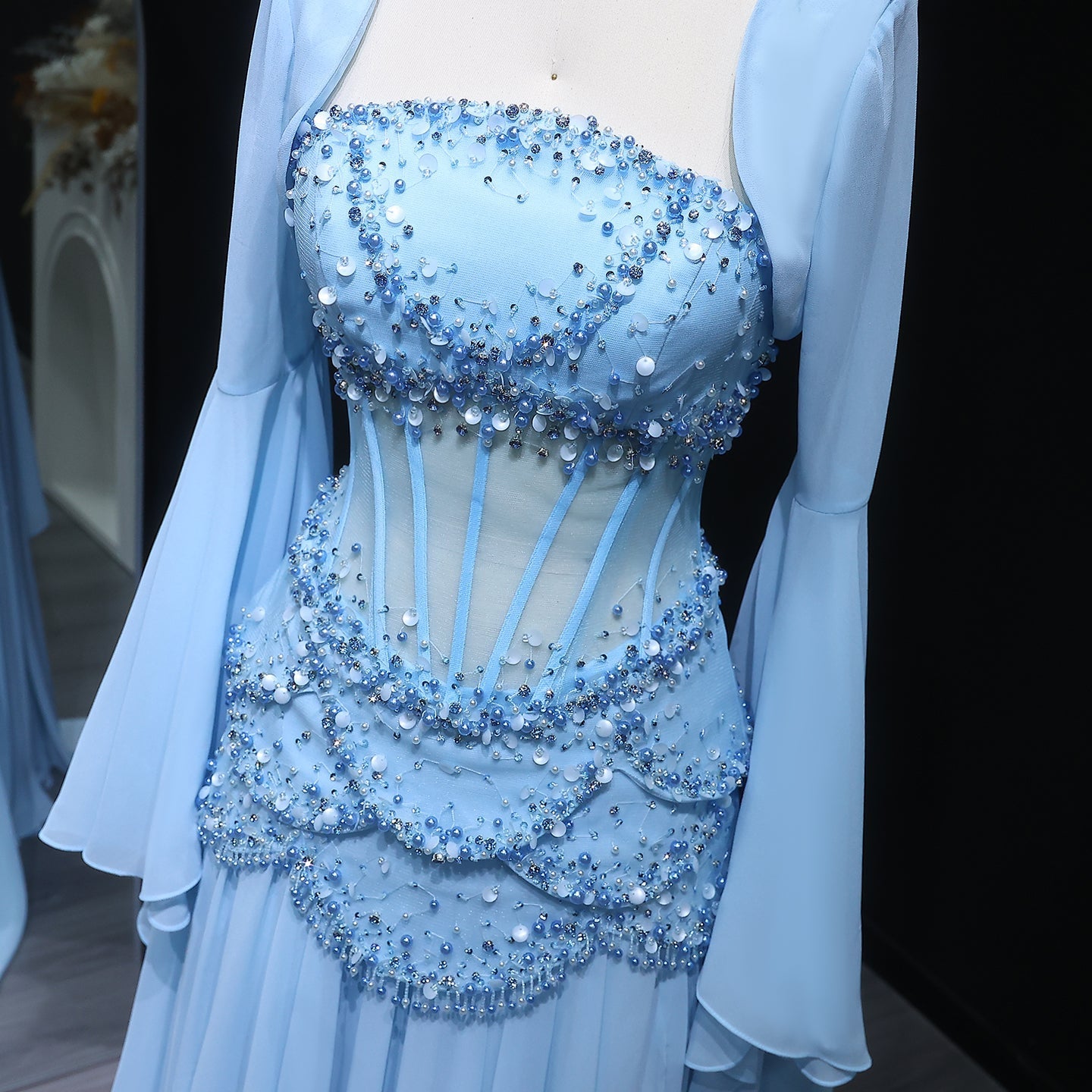 Luxury Pearls Tassel Blue and Yellow Evening Dress with Flowing coat SS286