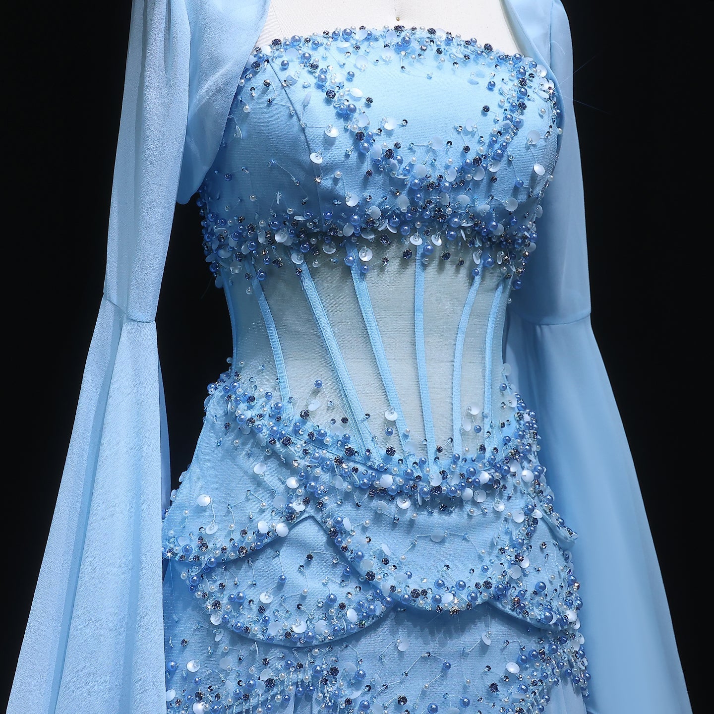 Luxury Pearls Tassel Blue and Yellow Evening Dress with Flowing coat SS286