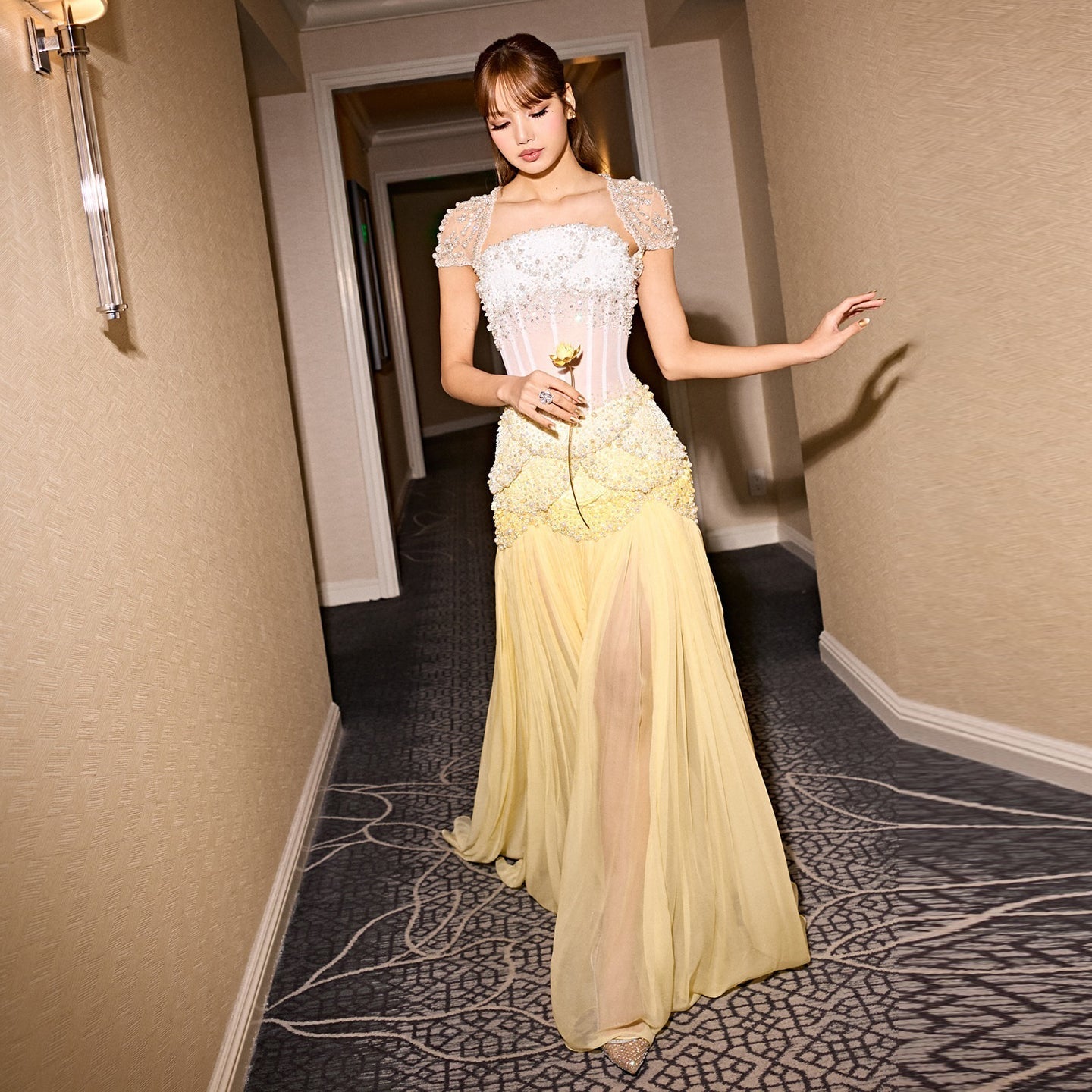 Luxury Pearls Tassel Blue and Yellow Evening Dress with Flowing coat SS286