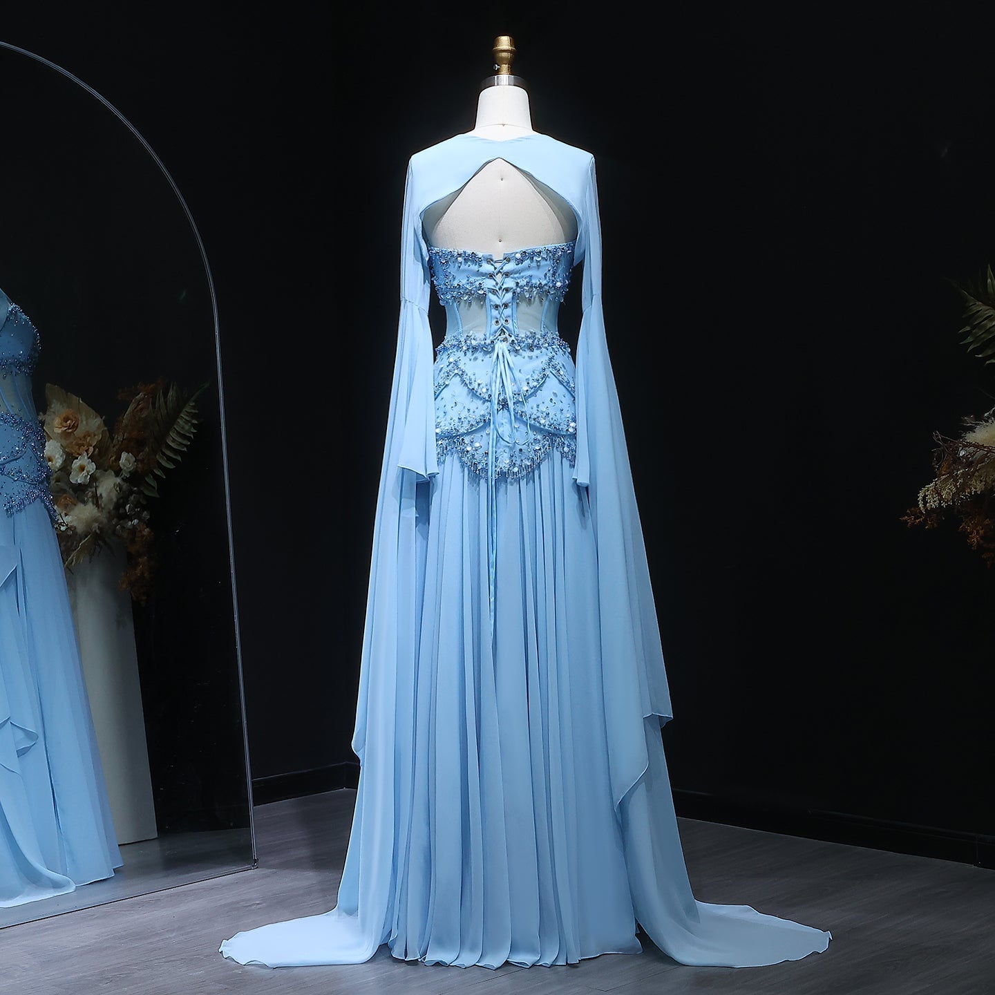 Luxury Pearls Tassel Blue and Yellow Evening Dress with Flowing coat SS286