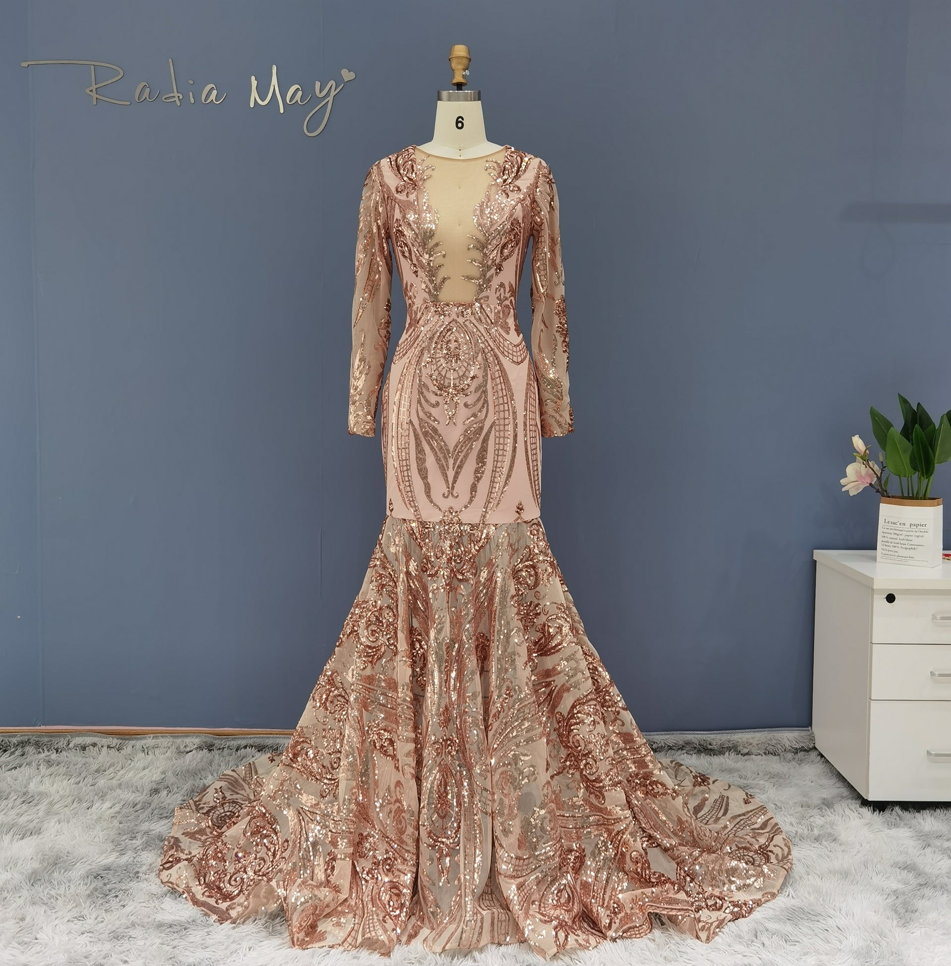 Luxury Sequin Long Sleeves Blue Prom Dress RM147  Champagne / US 16