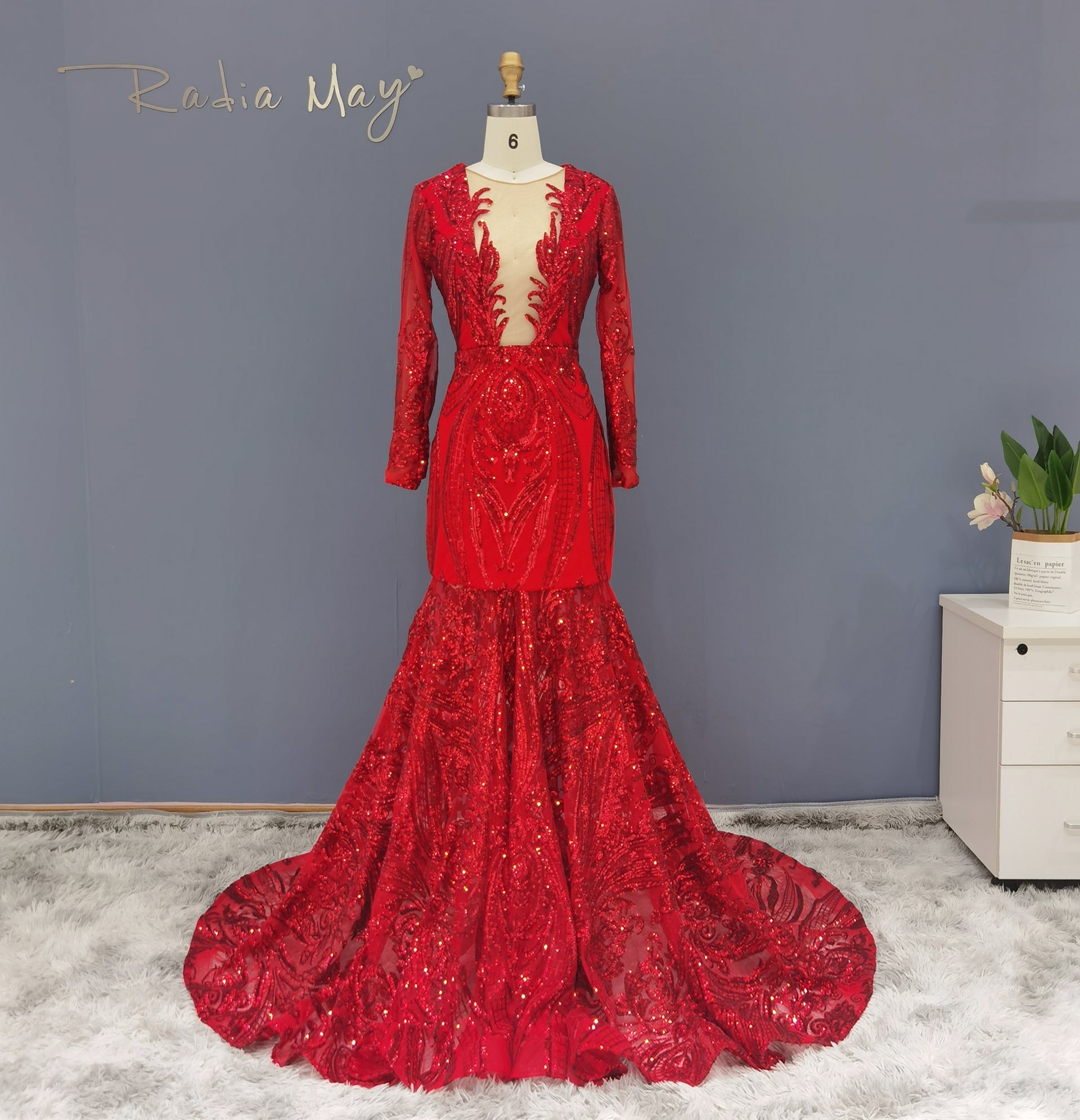 Luxury Sequin Long Sleeves Blue Prom Dress RM147  Red / US 16