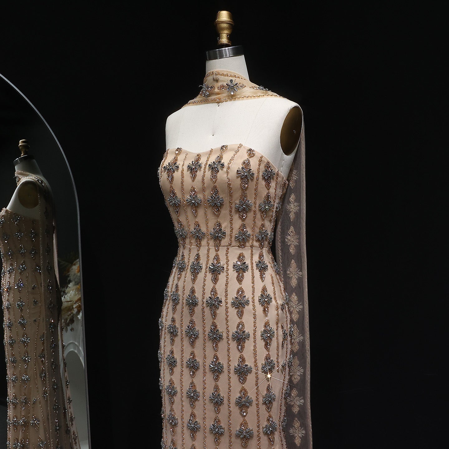 Luxury Beaded Nude Strapless Evening Dress with Scarf SS229