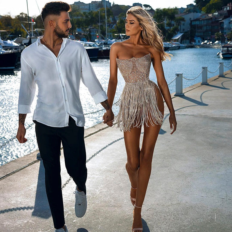 Luxury Beaded Crystal Tassel Short Mini Party Dress RM040