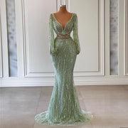 Luxury Beaded Long Sleeves Sage Green Formal Dress RM033