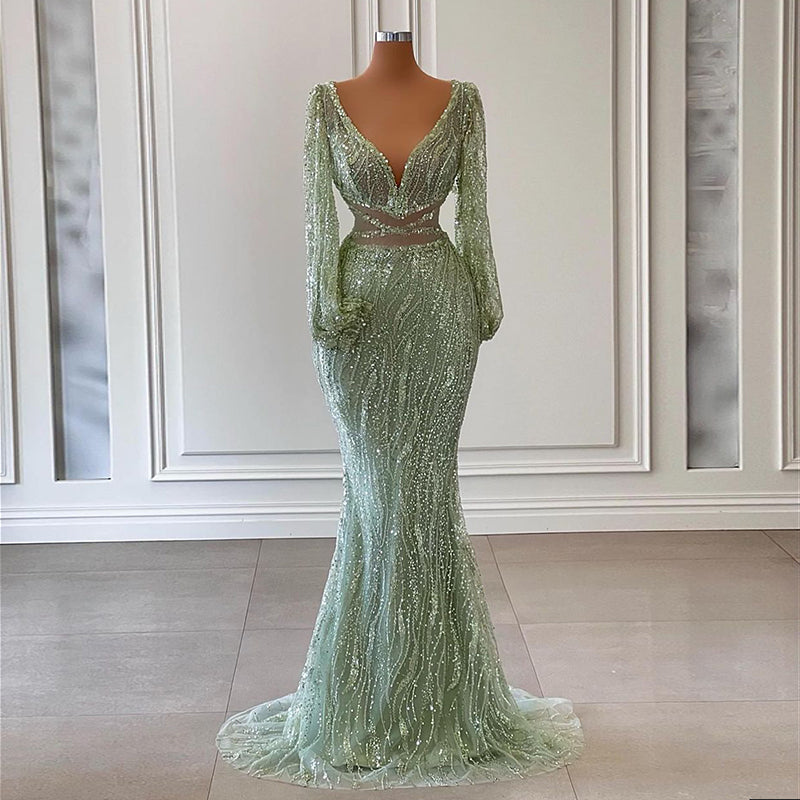 Luxury Beaded Long Sleeves Sage Green Formal Dress RM033
