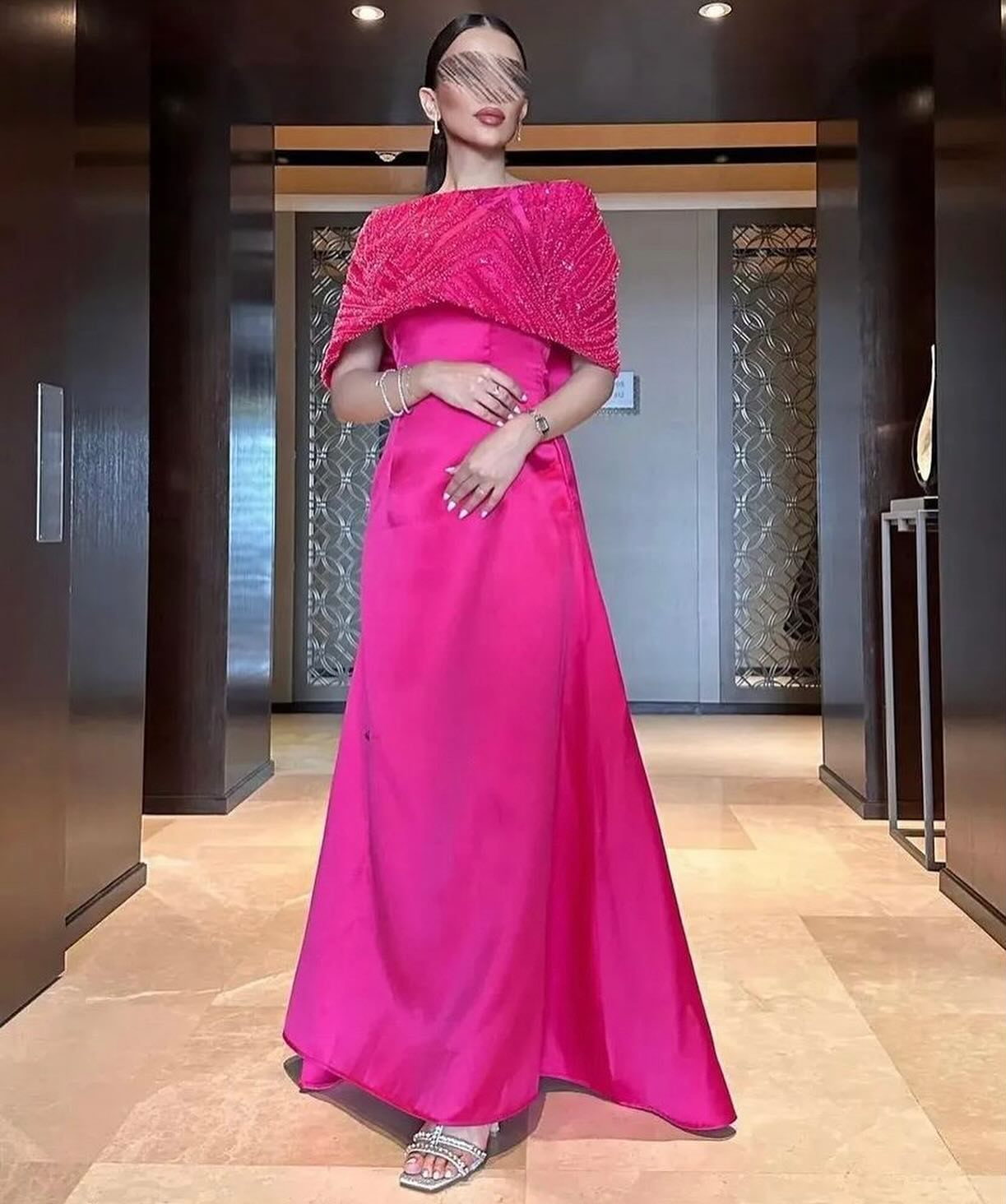 Elegant Off Shoulder Fuchsia Evening Dress with Cape SS482