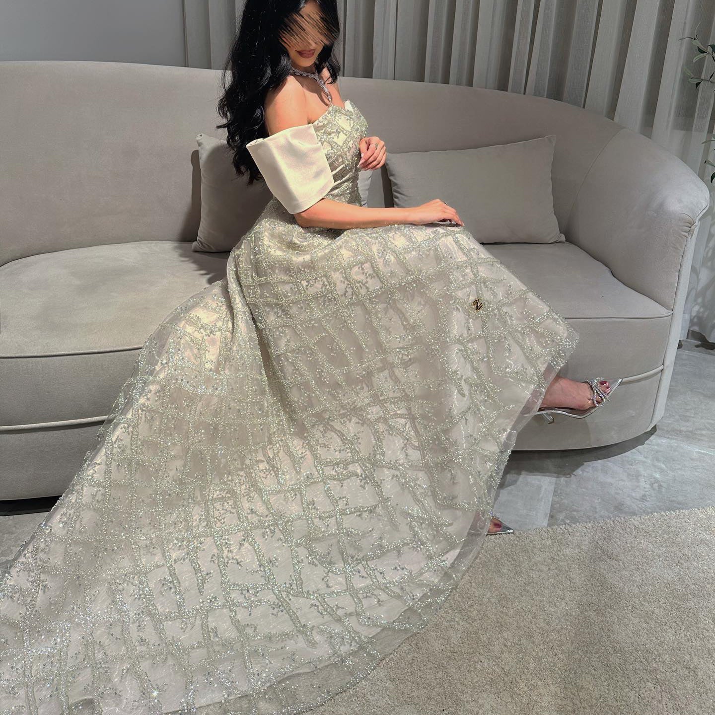 Elegant Sage Green Off Shoulder Evening Dress SS427