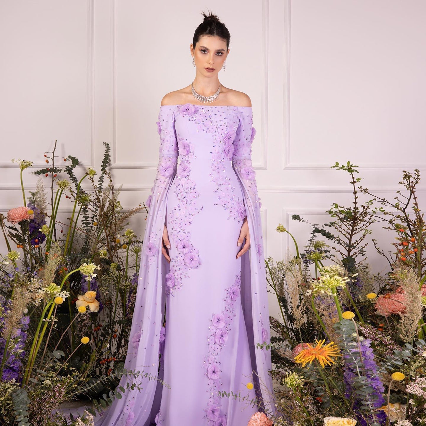 Elegant 3D Flower Lilac Off Shoulder Evening Dress SS450