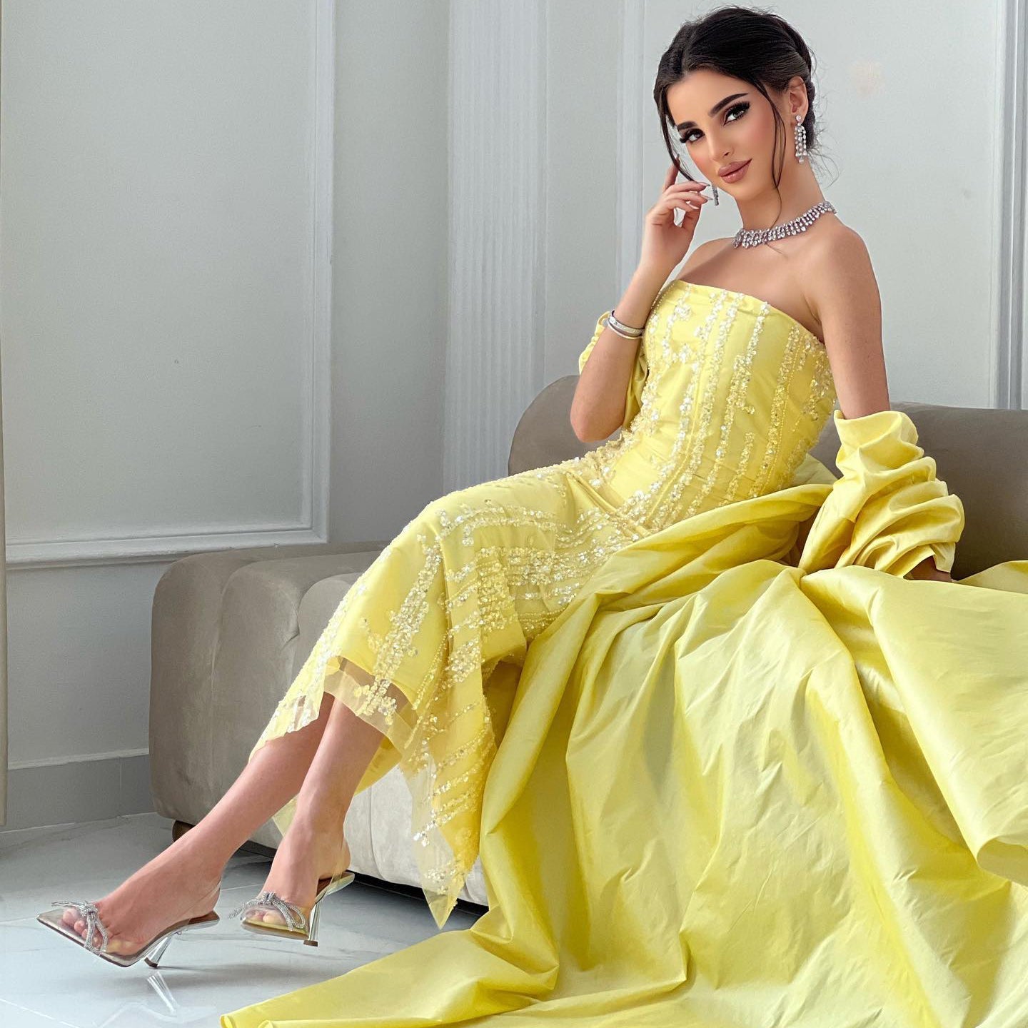 Luxury Blue Strapless Evening Dress with Cape SS454