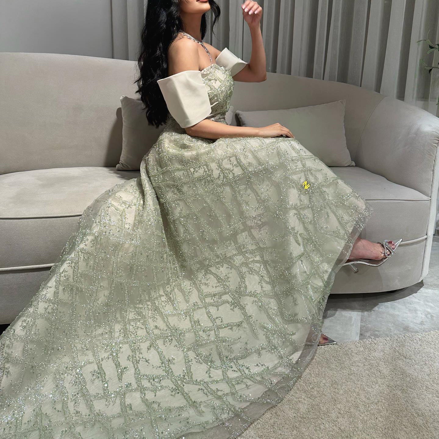 Elegant Sage Green Off Shoulder Evening Dress SS427