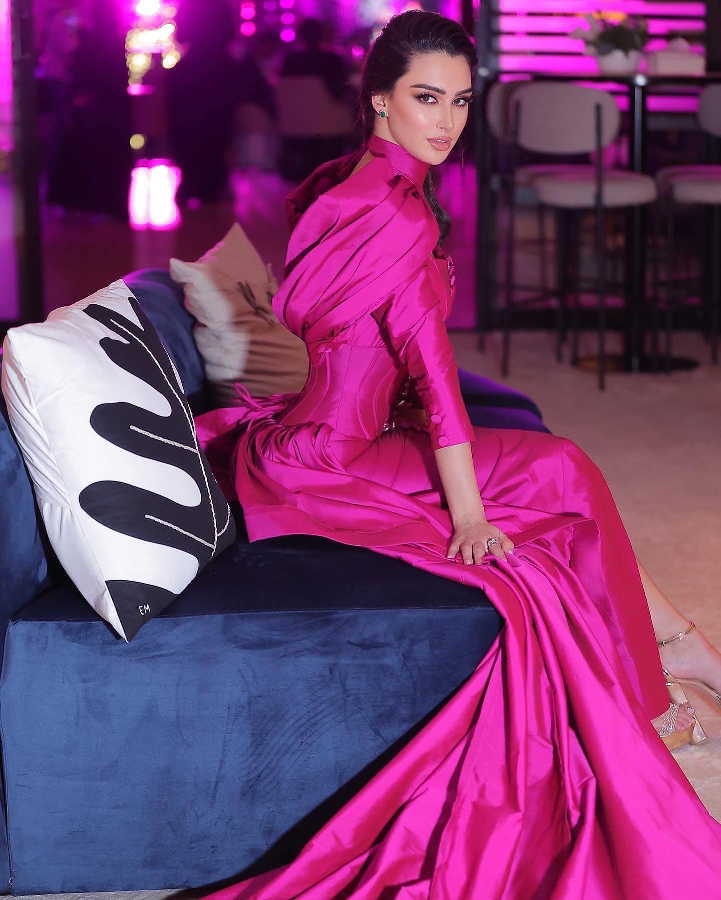 Fuchsia Mermaid Evening Dress with Overskirt Corset Long Sleeves SF030
