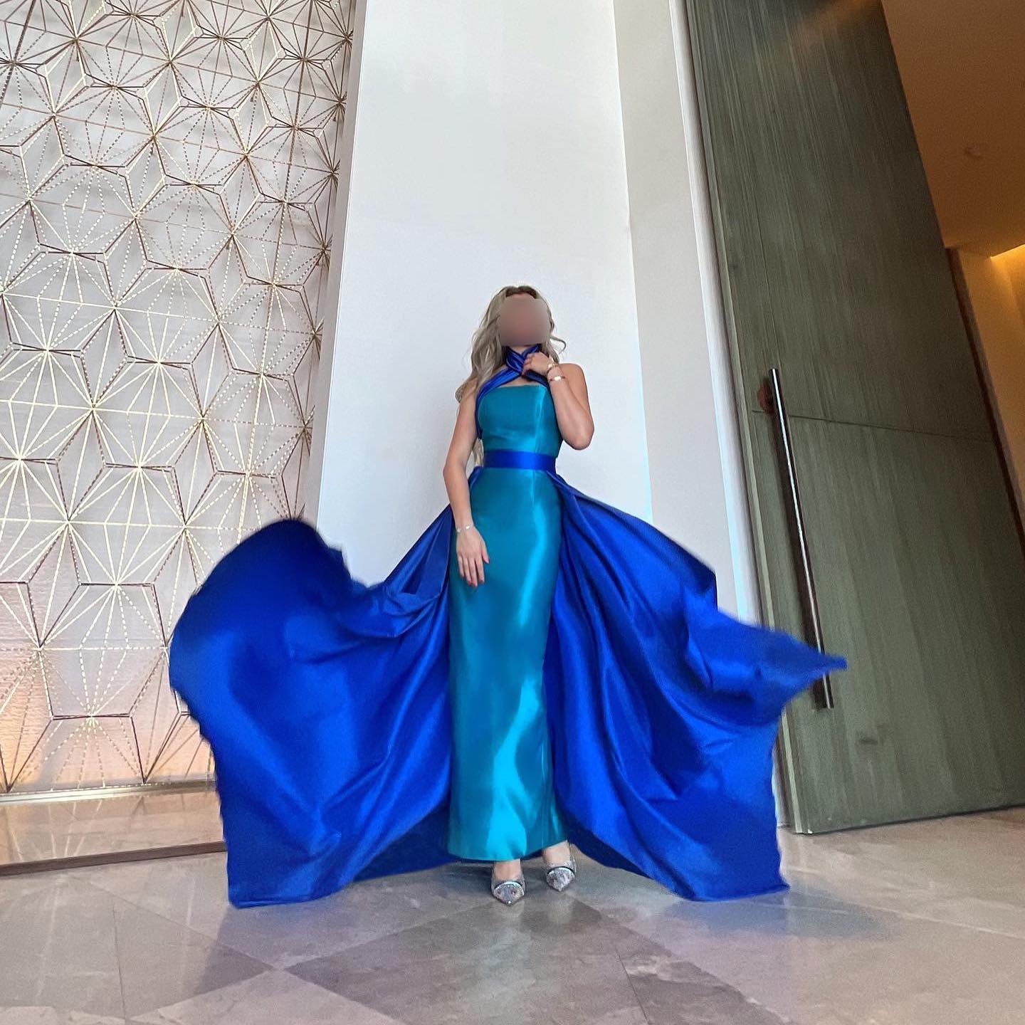 Royal Blue Criss Cross Halter Evening Dress with Overskirt SF012