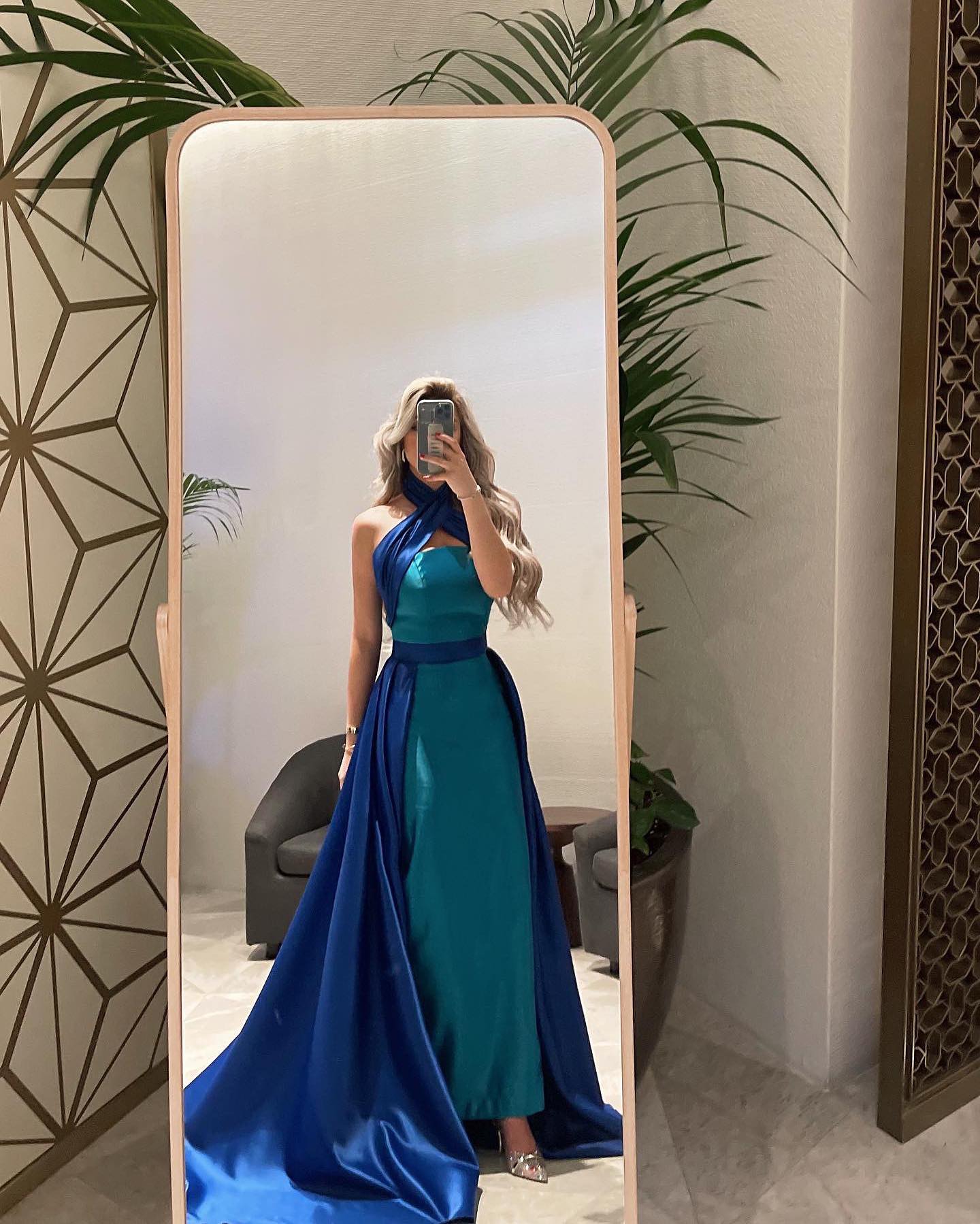 Royal Blue Criss Cross Halter Evening Dress with Overskirt SF012