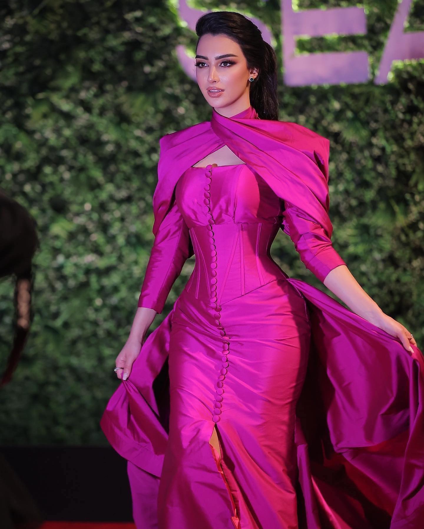 Fuchsia Mermaid Evening Dress with Overskirt Corset Long Sleeves SF030