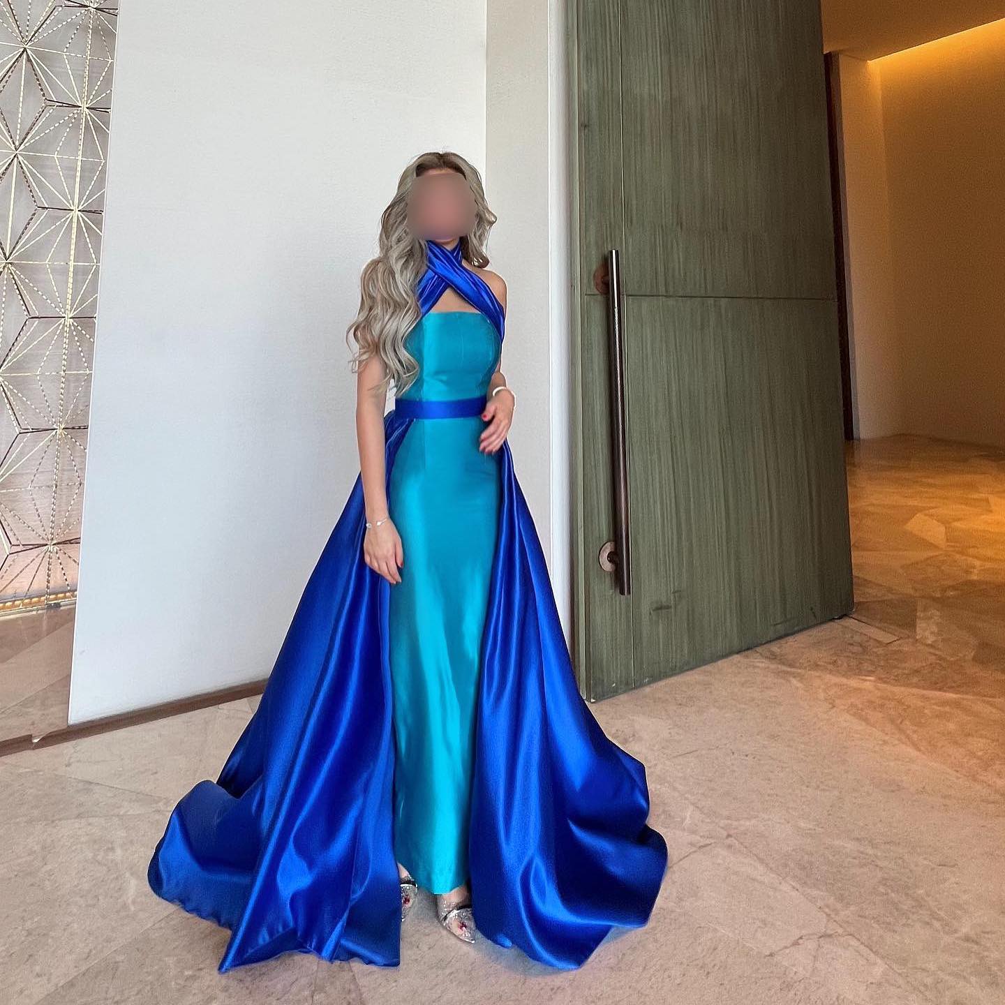 Royal Blue Criss Cross Halter Evening Dress with Overskirt SF012