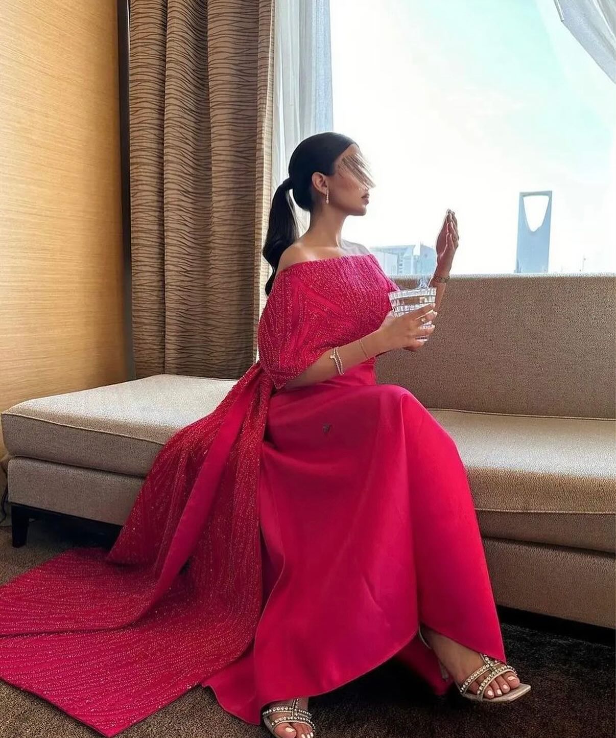 Elegant Off Shoulder Fuchsia Evening Dress with Cape SS482