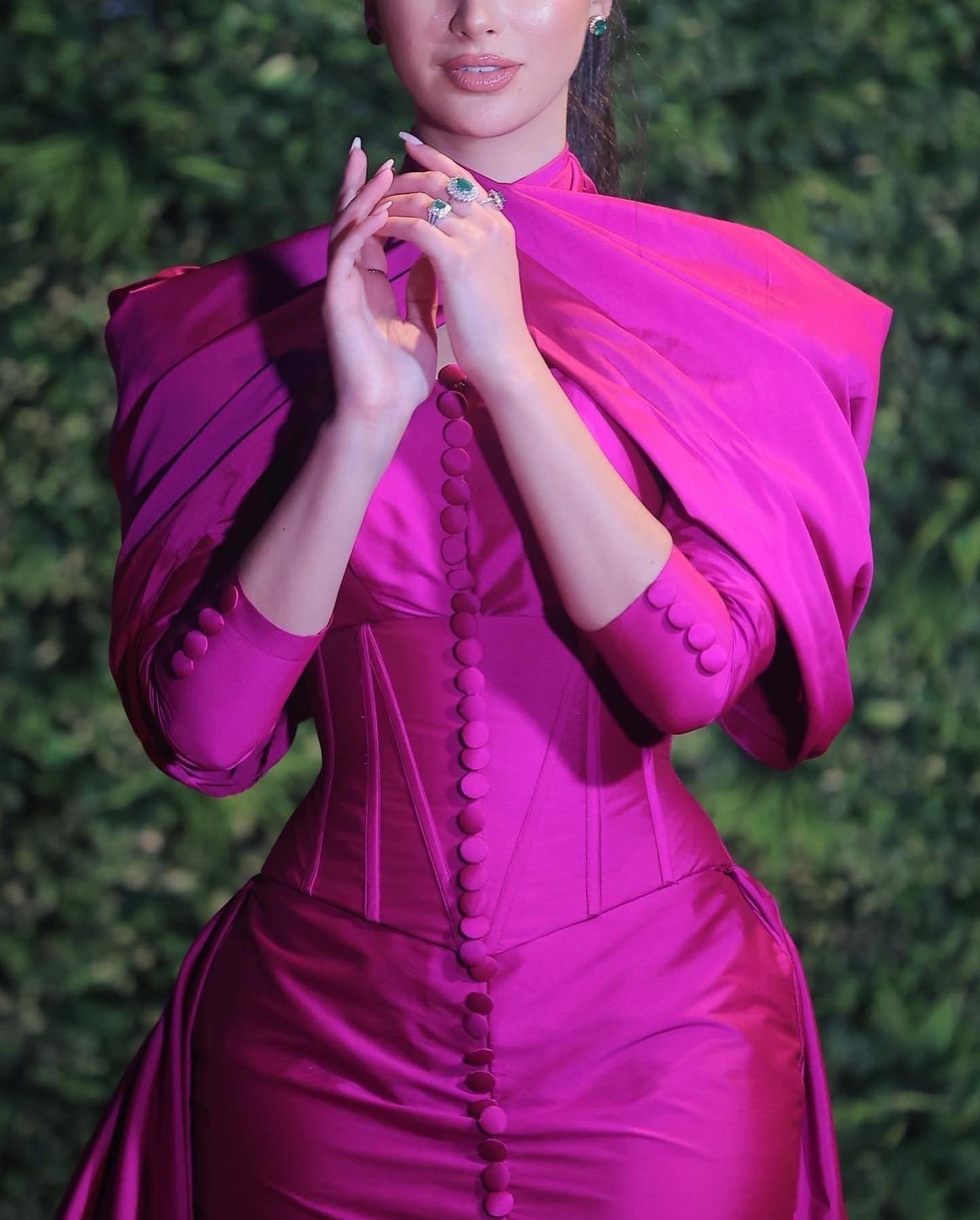 Fuchsia Mermaid Evening Dress with Overskirt Corset Long Sleeves SF030