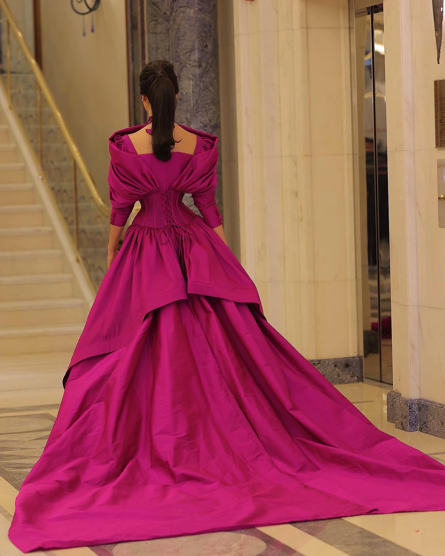 Fuchsia Mermaid Evening Dress with Overskirt Corset Long Sleeves SF030
