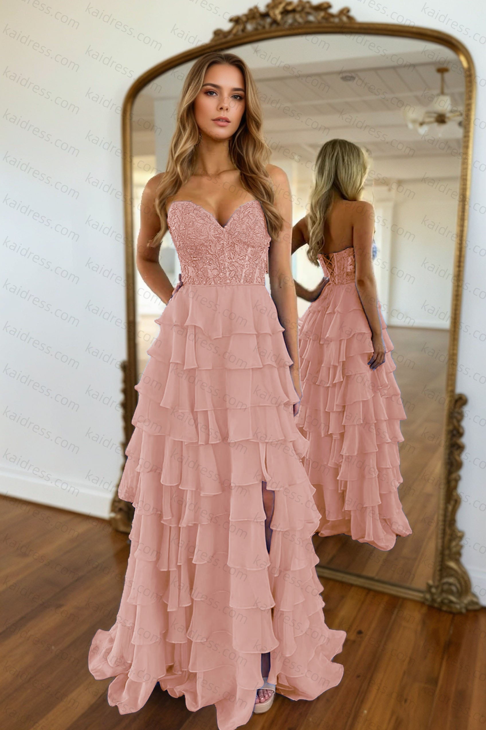 A-line/Princess Chiffon Fuchsia Sweetheart Tiered Ruffles Prom Dress with Slit Applique