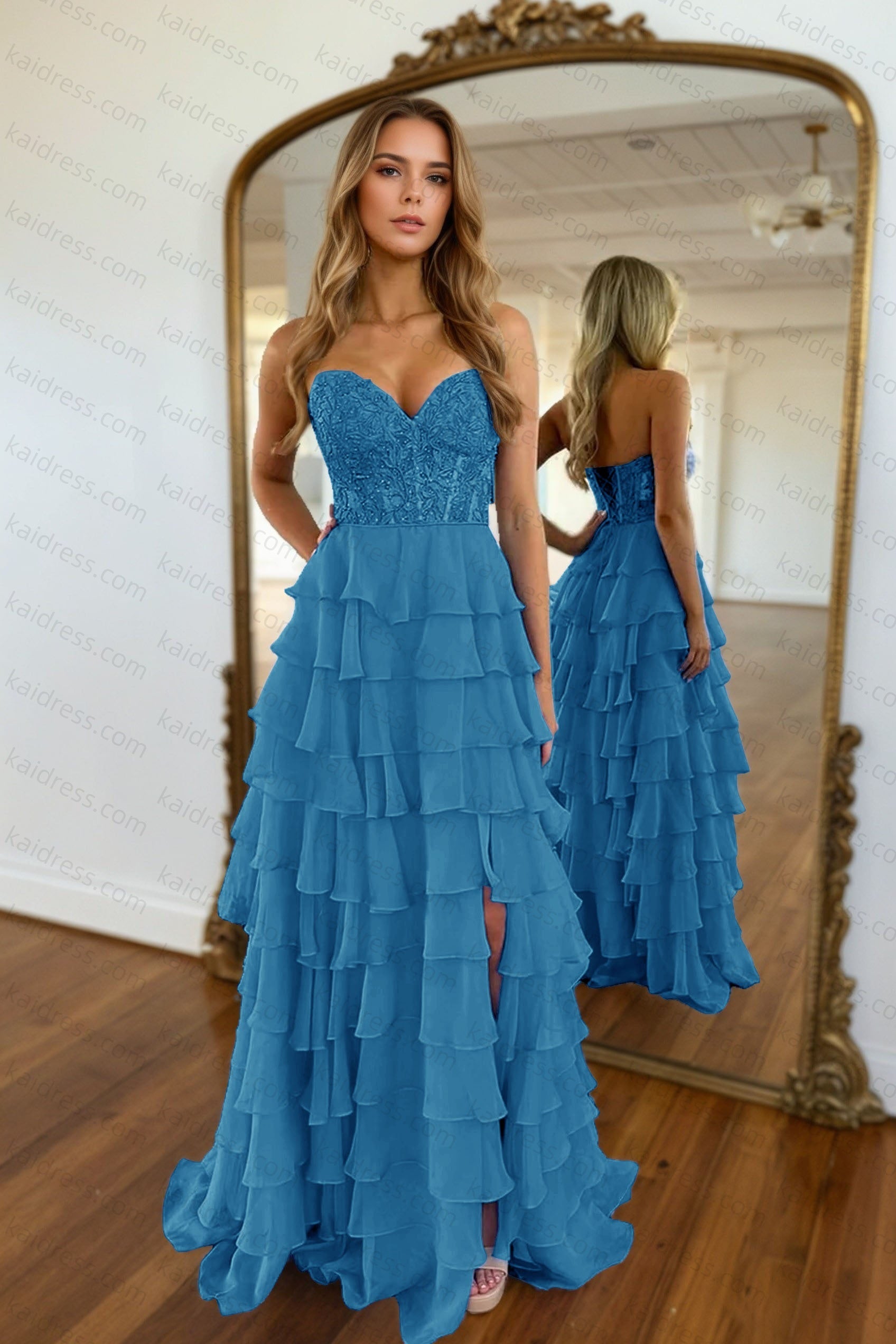 A-line/Princess Chiffon Fuchsia Sweetheart Tiered Ruffles Prom Dress with Slit Applique