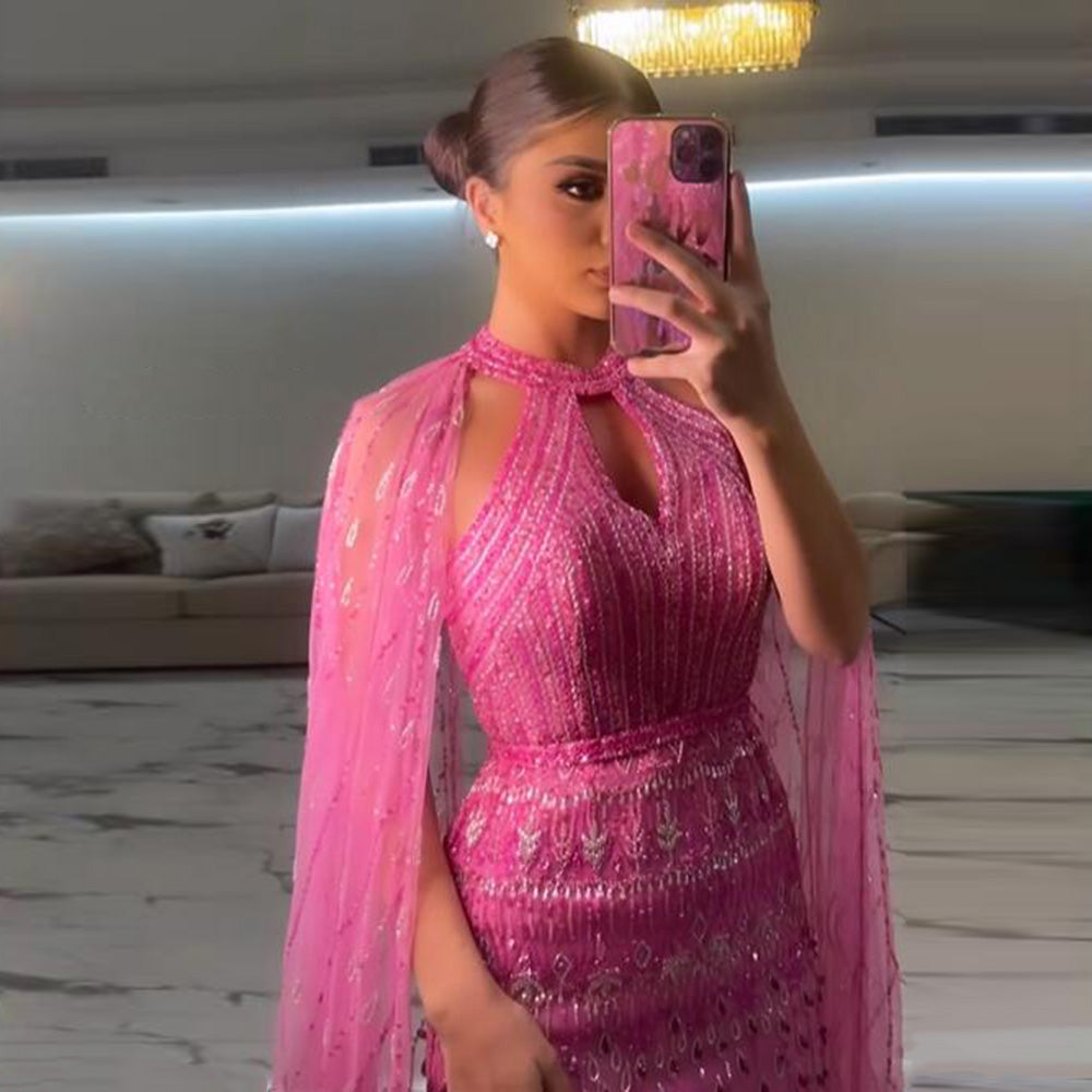 DreamyVow Luxury Dubai Mermaid Pink Evening Dresses with Cape Sleeves 2023 Arabic Women Wedding Guest Formal Party Gowns 361