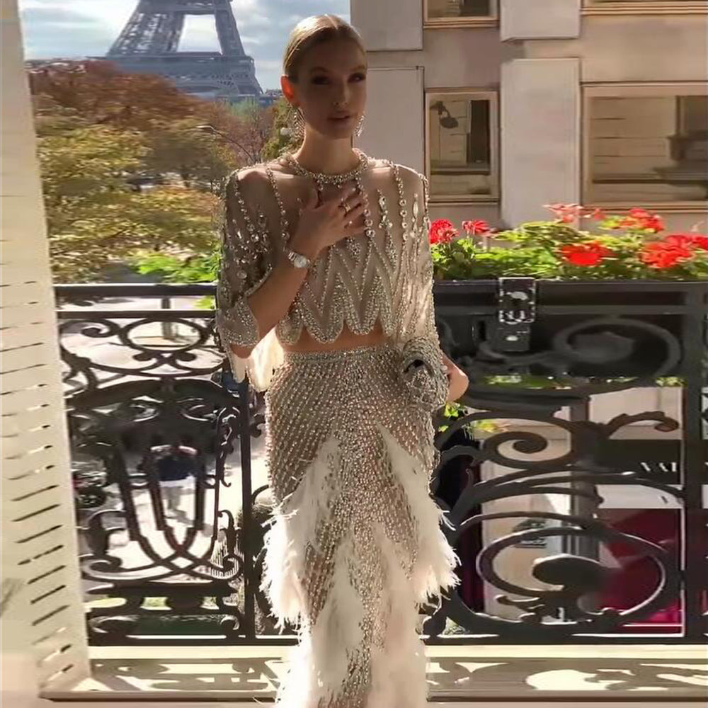 DreamyVow Luxury Dubai White Feathers Two Pieces Evening Dresses for Women Wedding Beaded Midi Short Prom Party Gowns 363