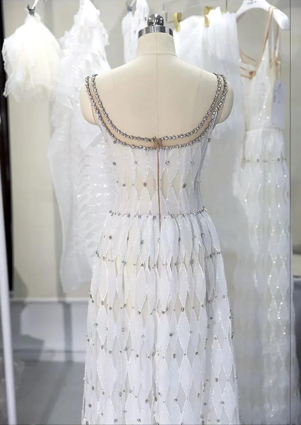 Luxury Crystal White Spaghetti Straps Evening Dress SS058