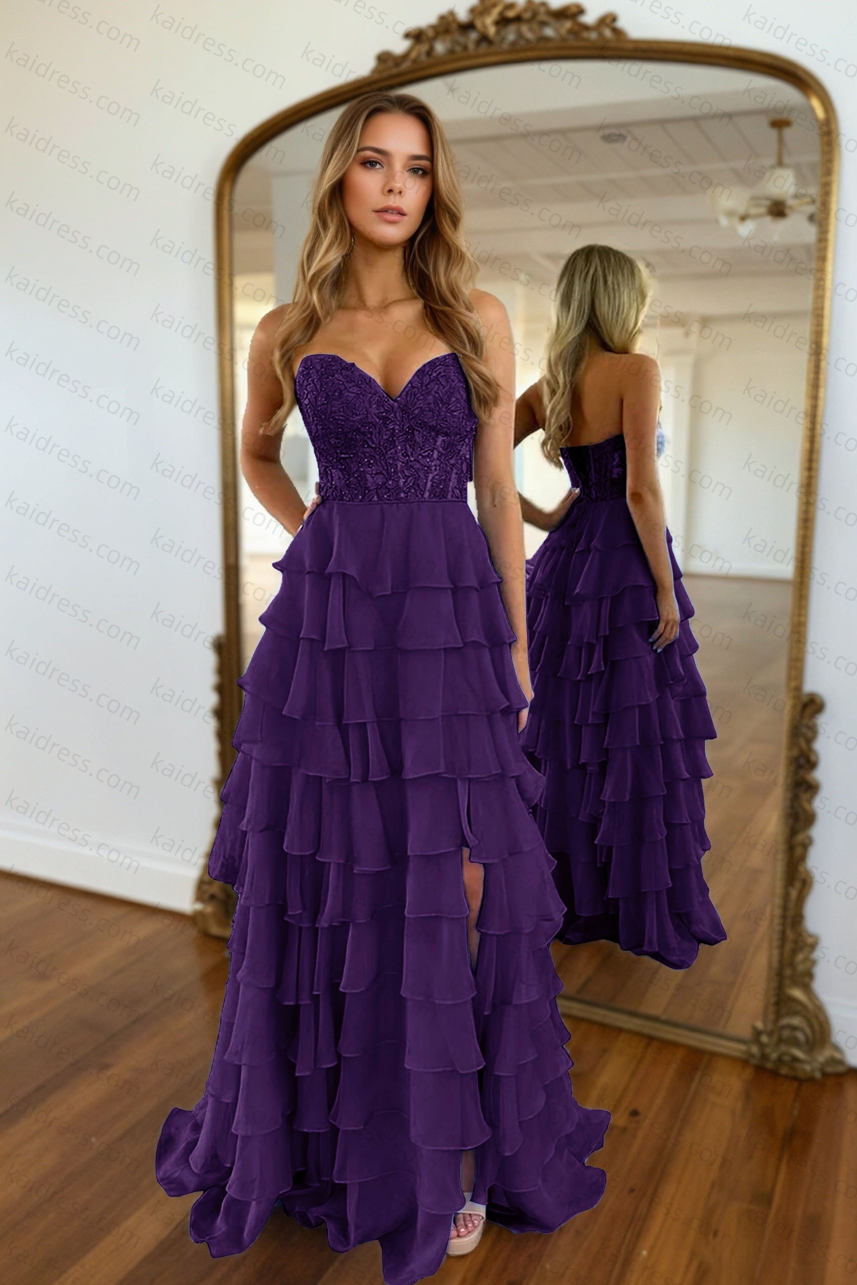 A-line/Princess Chiffon Fuchsia Sweetheart Tiered Ruffles Prom Dress with Slit Applique