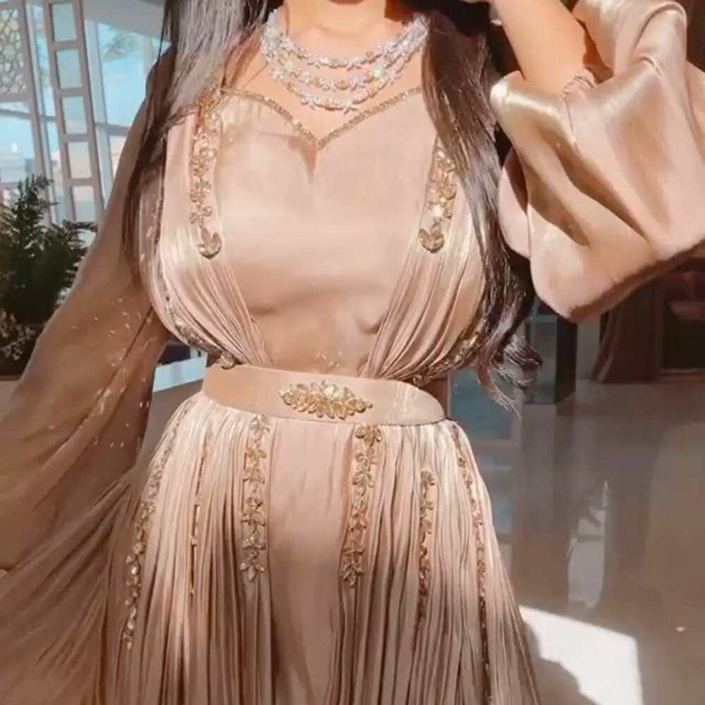 Dreamy Vow Rose Gold Moroccan Kaftan Long Sleeve Dubai Muslim Evening Dress for Women Wedding Party Arabic Engagement Formal Gowns 441