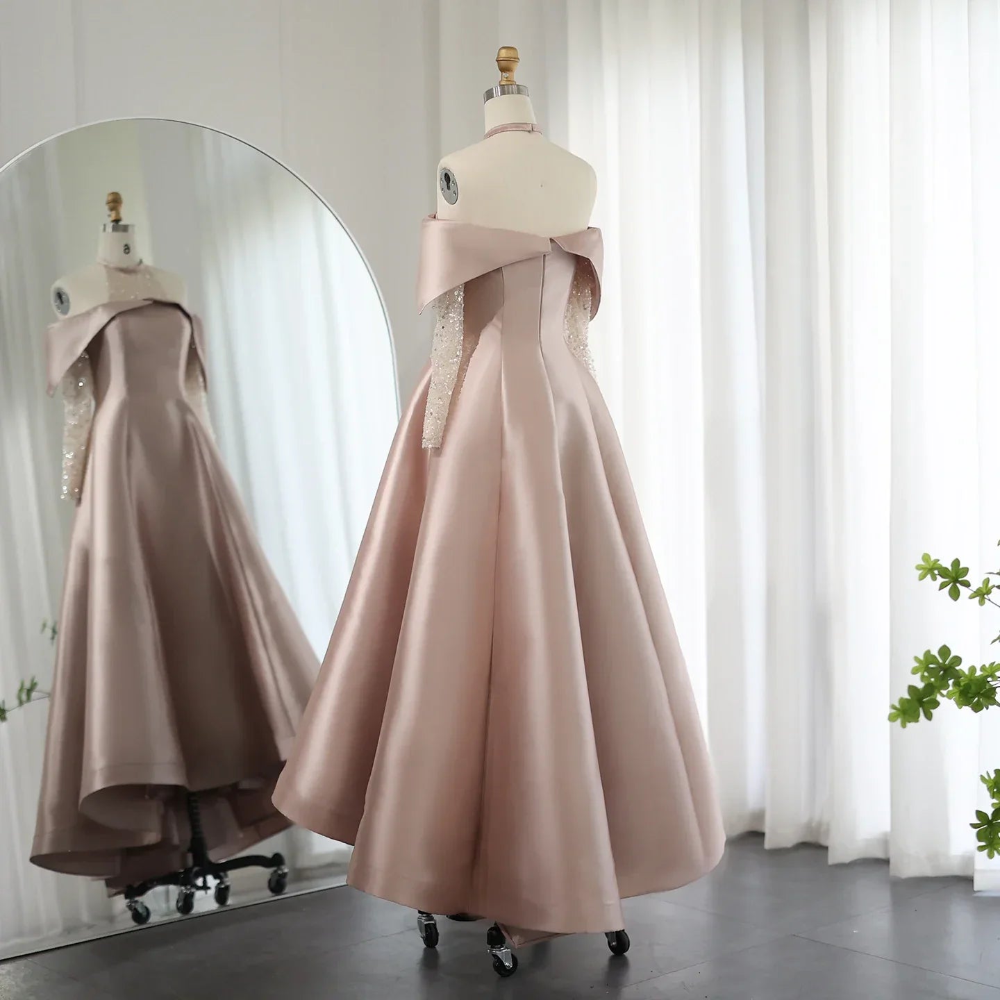 Dreamy Vow Elegant Khaki Satin High Low Dubai Evening Dress for Wedding Party Halter Arabic Women Midi Formal Guest Gowns F 058