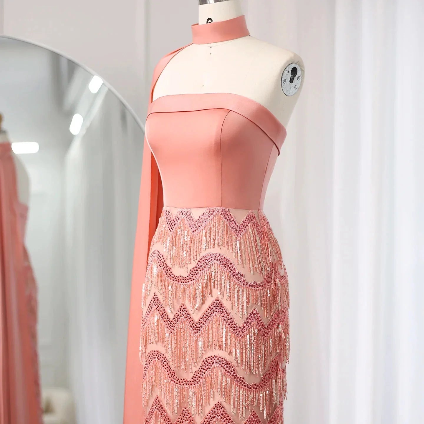 Blue Tassel Strapless Evening Dress with Cape Sleeve SS143