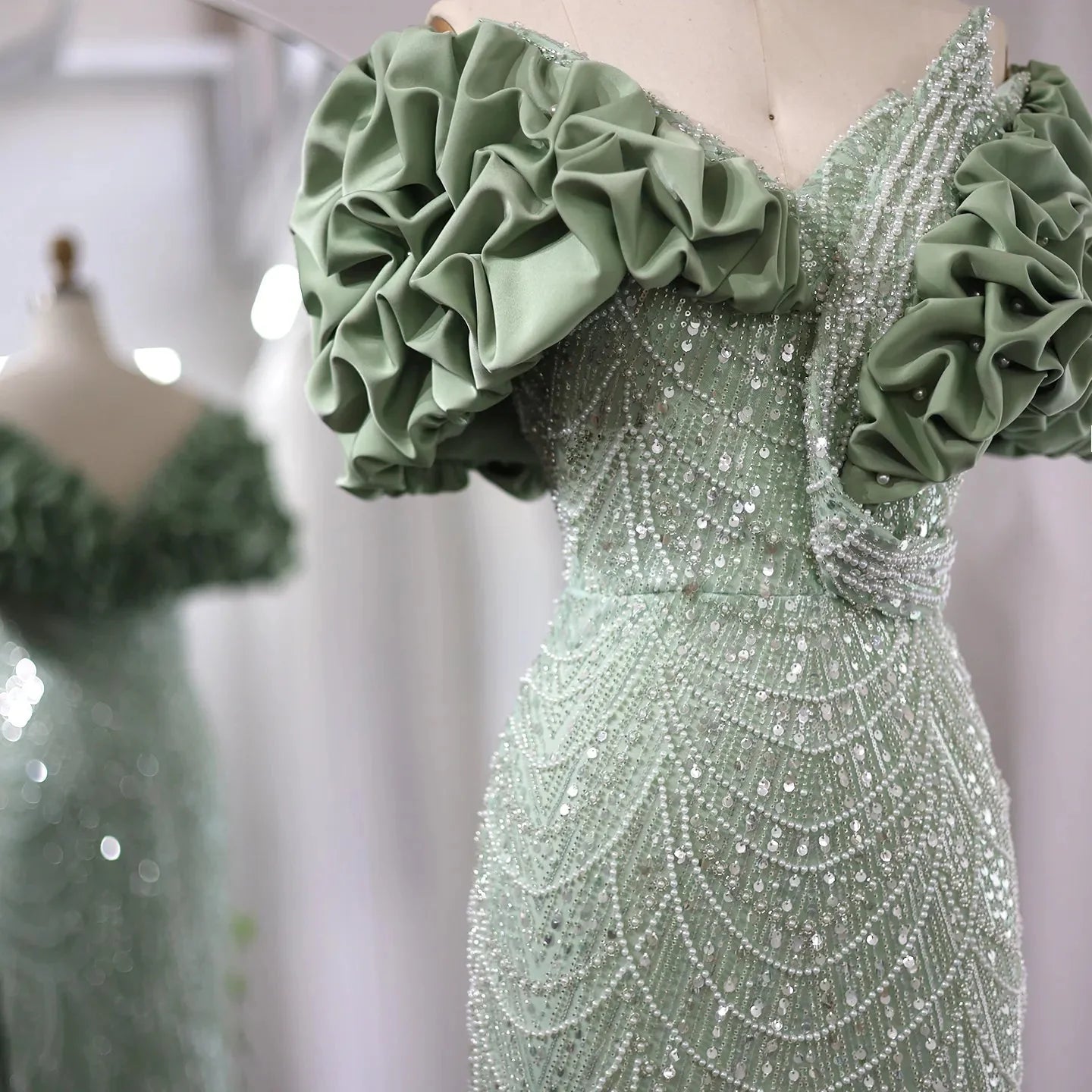 Elegant Off Shoulder Mermaid Sage Green Slit Evening Dress SS288