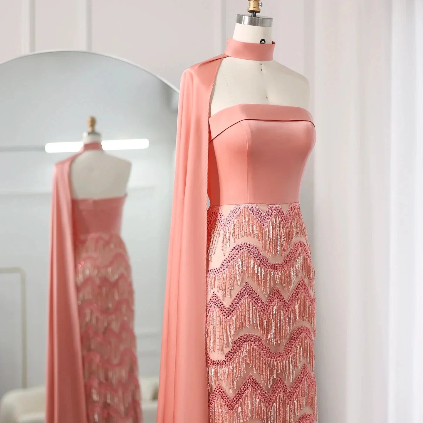 Blue Tassel Strapless Evening Dress with Cape Sleeve SS143