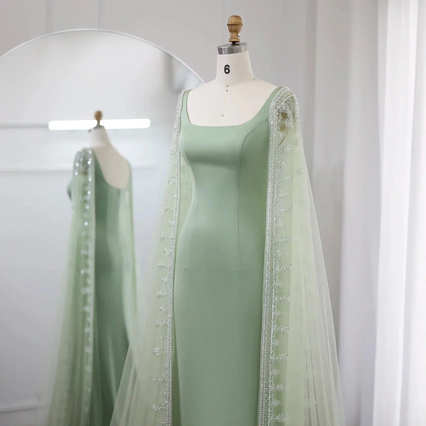 Luxury Crystal Blue Evening Dress with Cape Sleeves SS445