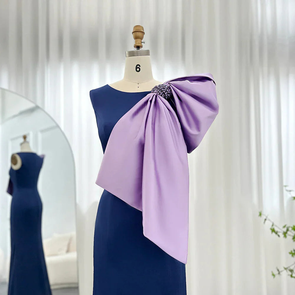 Dreamy Vow Elegant Navy Blue Satin Mermaid Evening Dresses with Lilac Bow Women Wedding Party Formal Gowns F121