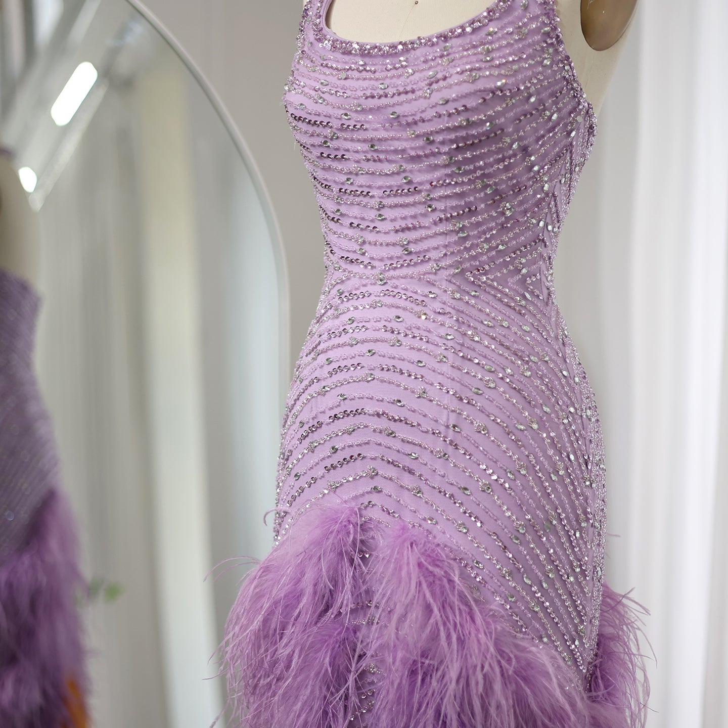 Dreamy Vow Luxury Feathers Lilac Evening Dresses Elegant Halter Mermaid Women Wedding Party Prom Gowns 473