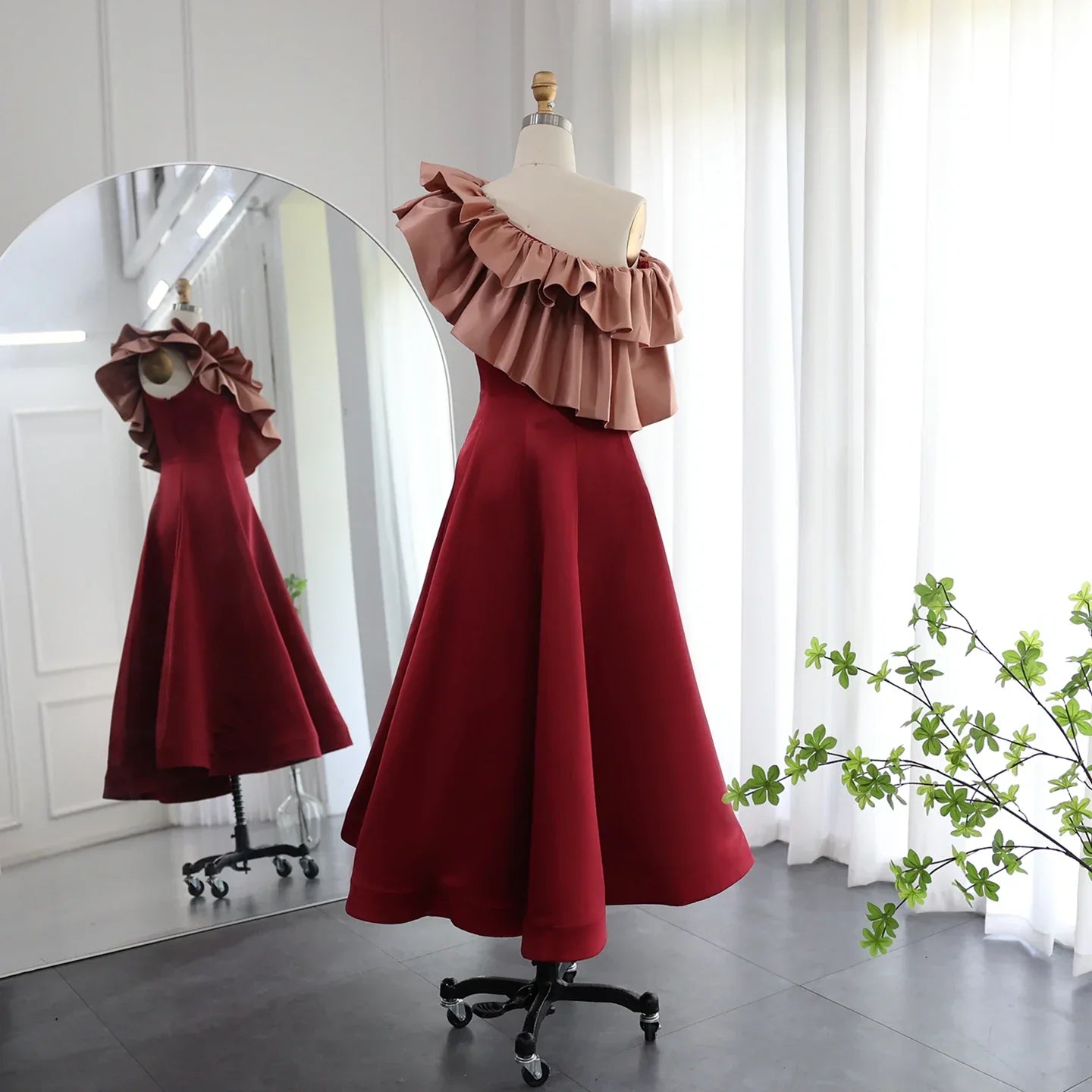 Dreamy Vow Elegant Pink Burgundy Dubai Short Evening Dresses for Wedding Party 2023 Arabic Women Midi Formal Guest Gowns F 057