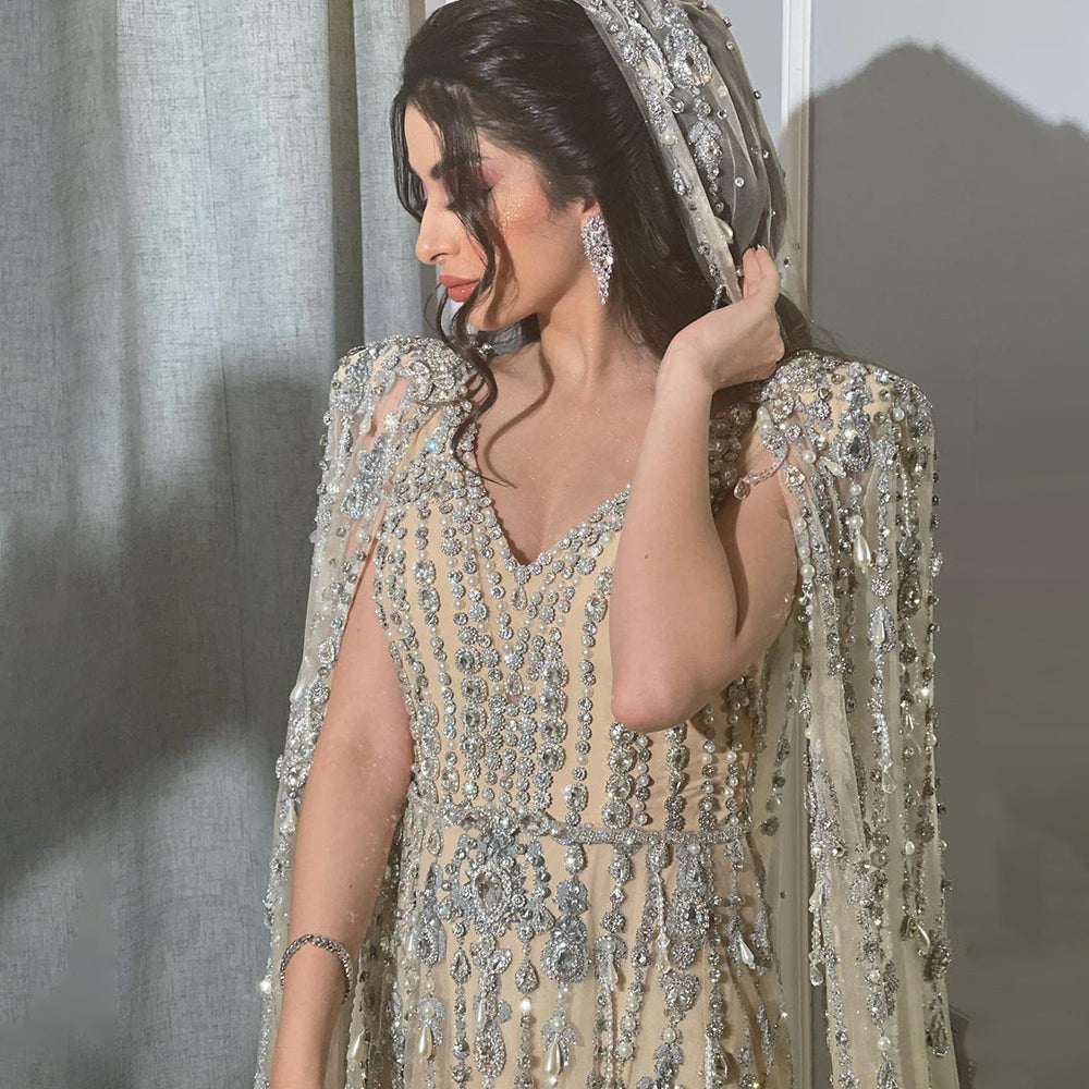 Luxury Crystal Pearls Evening Dress with Cape Sleeves SS750