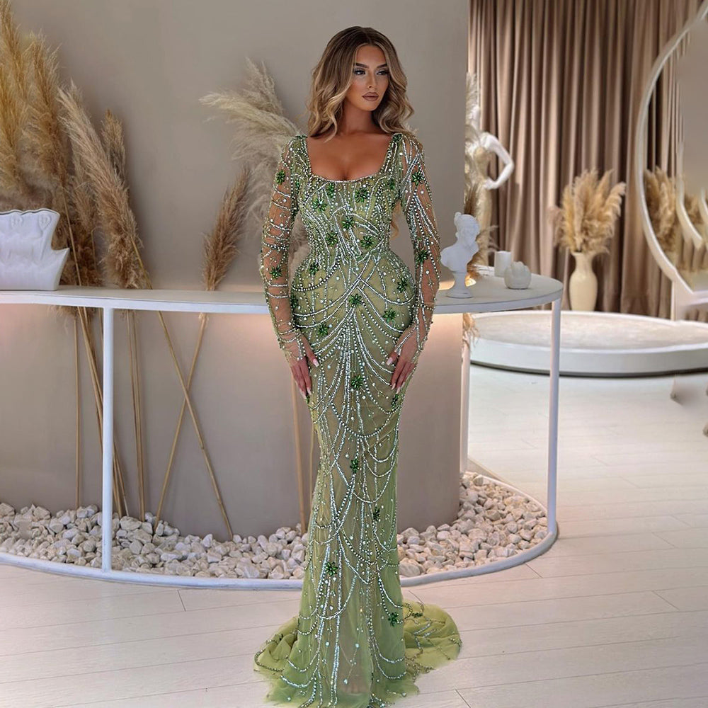 Luxury Green Long Sleeves Square Neck Evening Dress SS163