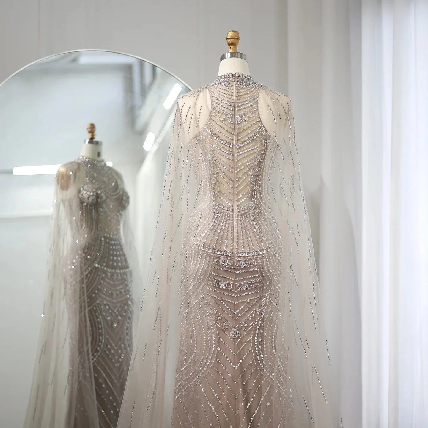 Luxury Champagne Evening Dress with Cape Sleeves SS077