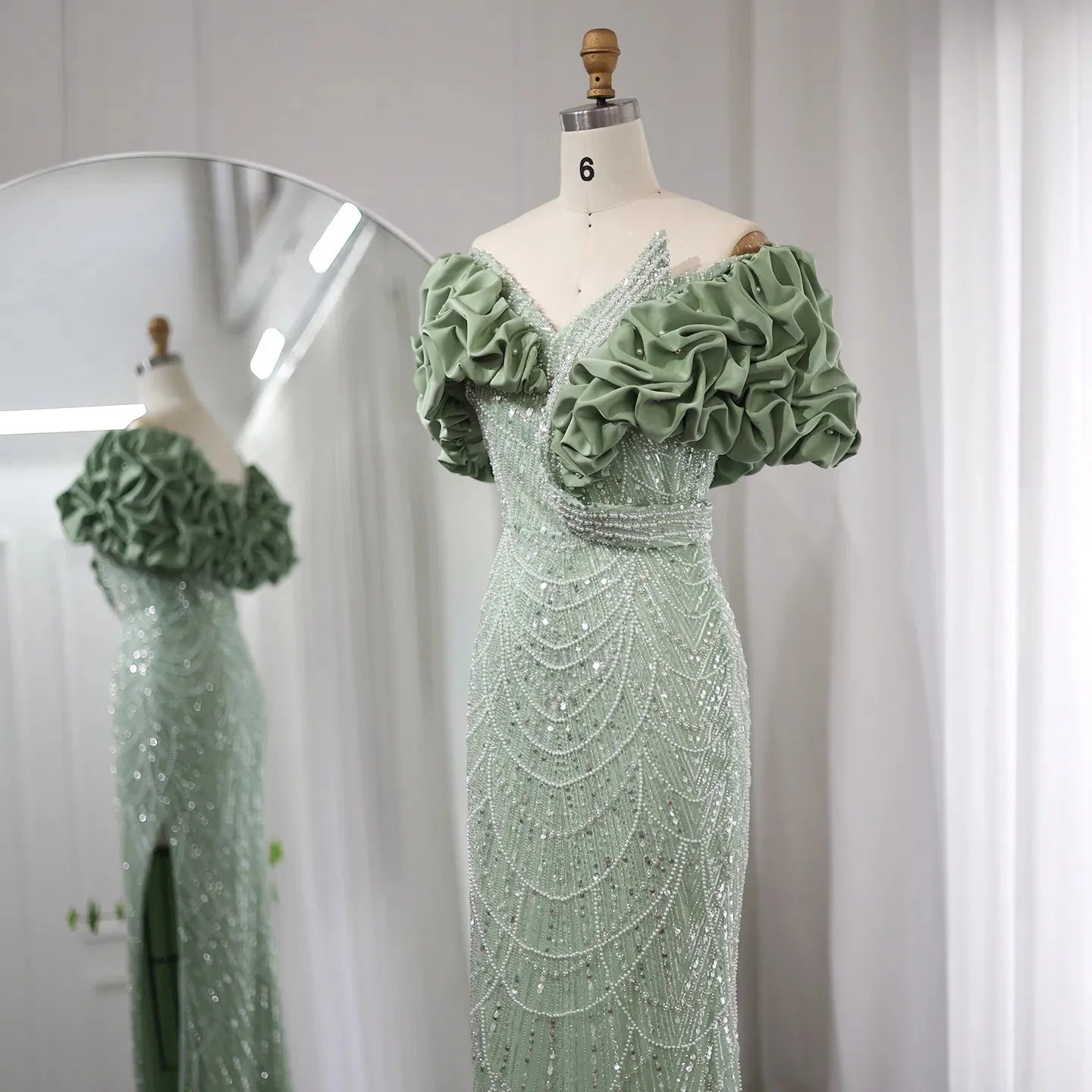 Elegant Off Shoulder Mermaid Sage Green Slit Evening Dress SS288