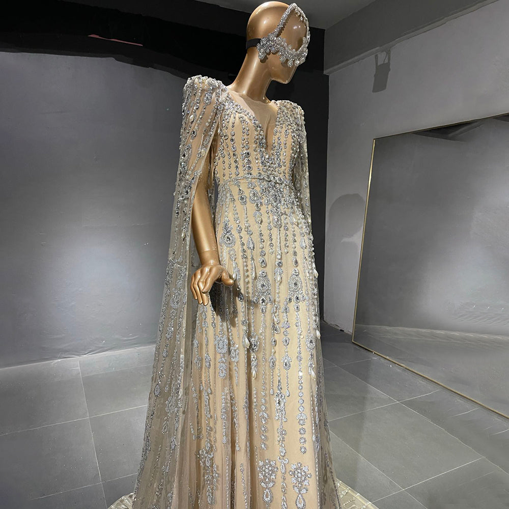 Luxury Crystal Pearls Evening Dress with Cape Sleeves SS750