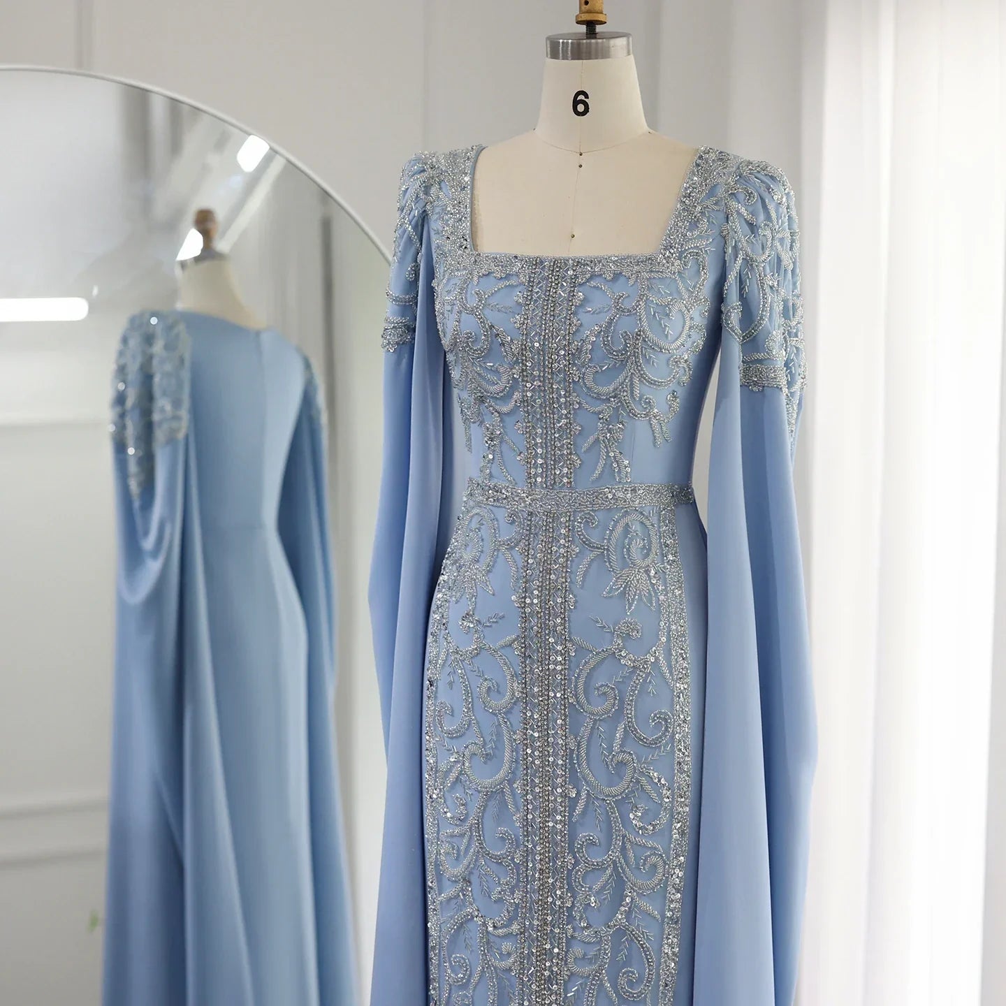 Dreamy Vow Luxury Dubai Blue Mermaid Muslim Evening Dresses with Cape Sleeves Arabic Women Wedding Engagement Party Gowns 365