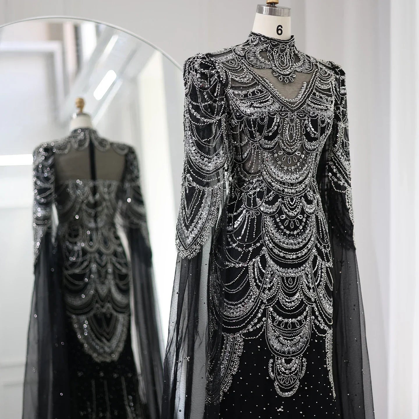 Dreamy Vow Green Luxury Dubai Mermaid Evening Dresses with Cape Sleeves Arabic Muslim Women Wedding Party Gowns Plus Size 145