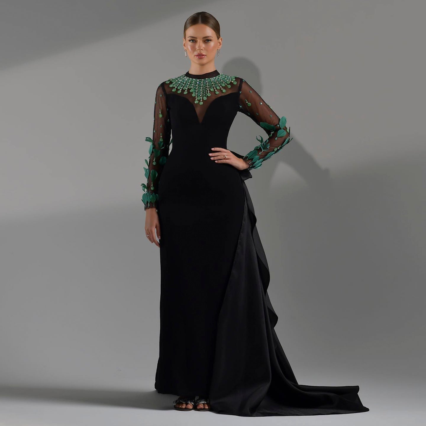 Luxury Feathers Black Long Sleeves Evening Dress SS457