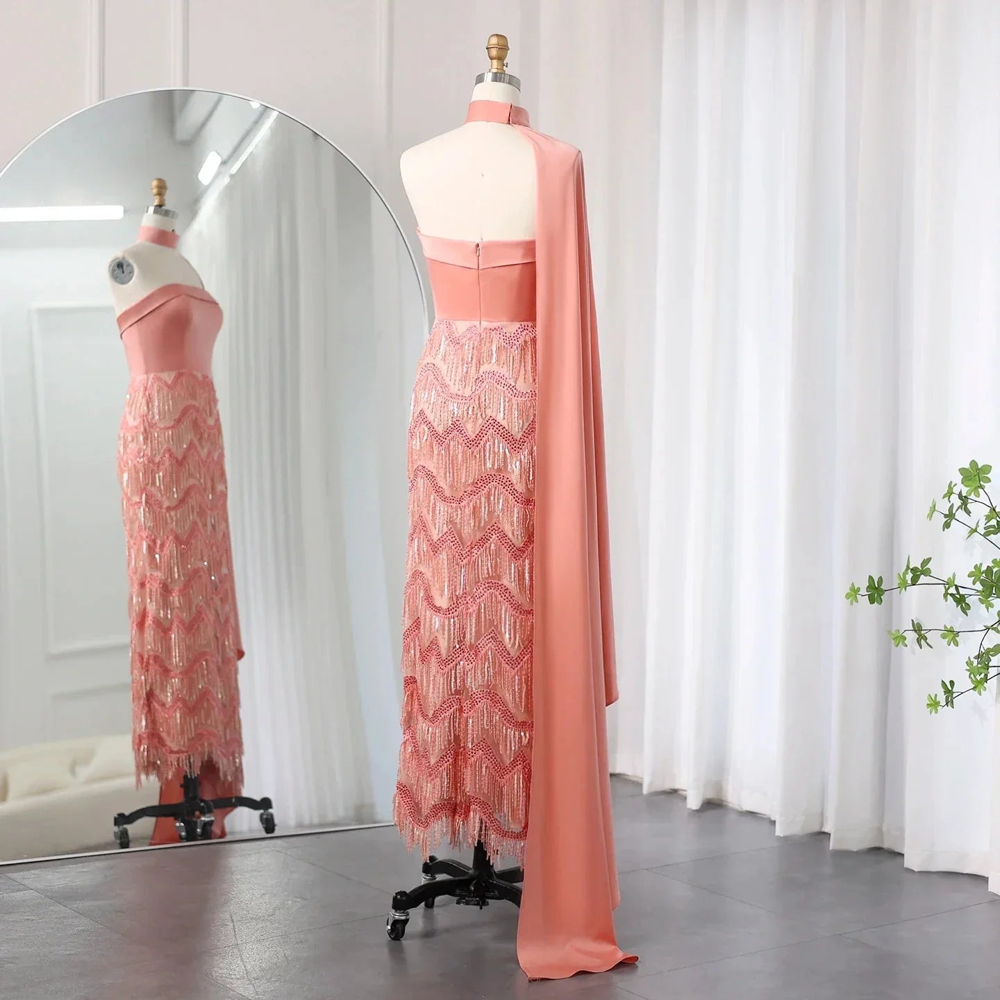 Blue Tassel Strapless Evening Dress with Cape Sleeve SS143