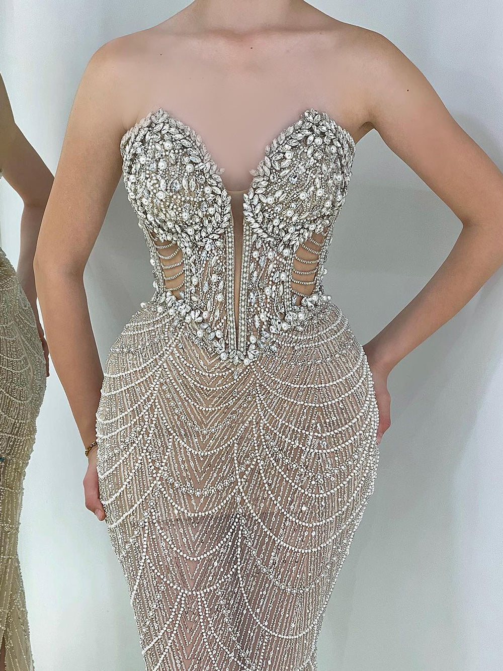 Luxury Crystal Nude Strapless Evening Dress SS619