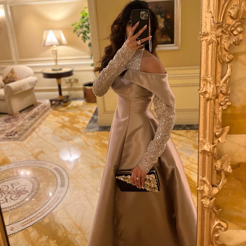 Dreamy Vow Elegant Khaki Satin High Low Dubai Evening Dress for Wedding Party Halter Arabic Women Midi Formal Guest Gowns F 058